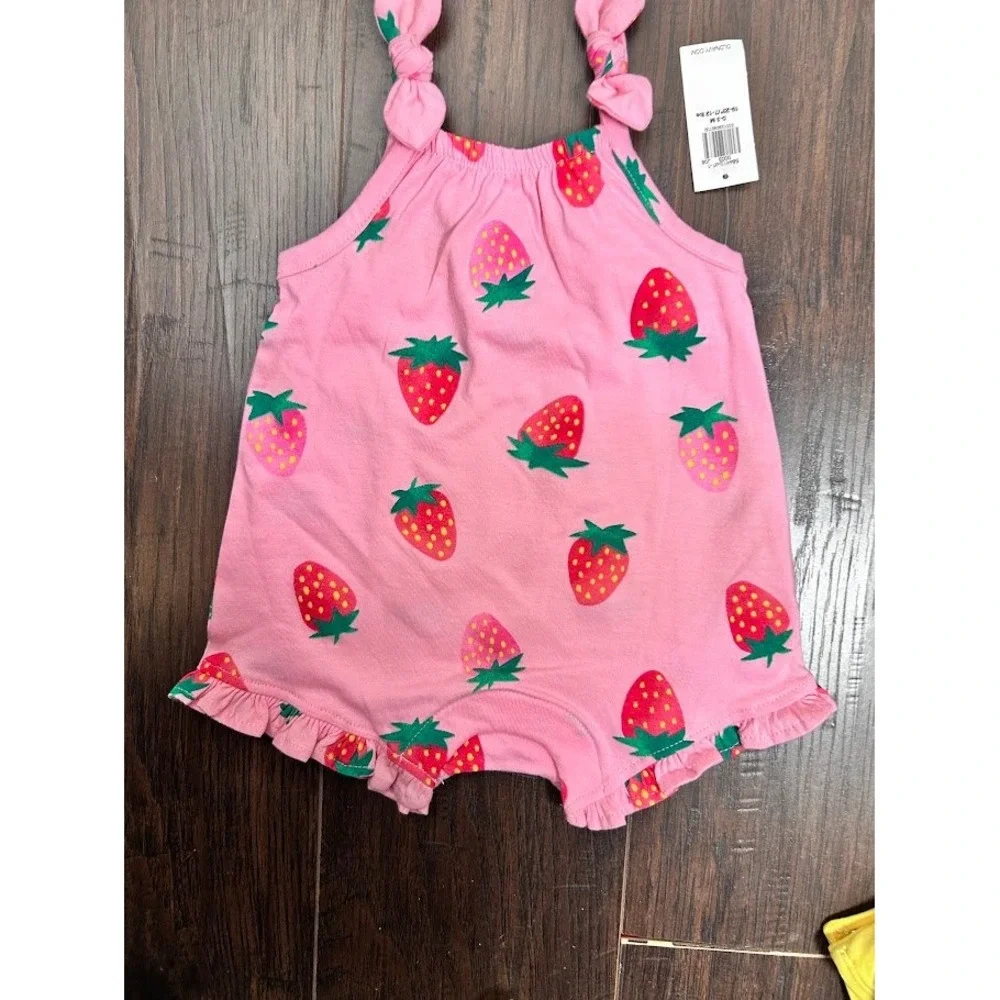 Lot of Old Navy Baby Girl 0-3 Month Romper and Swimsuit Strawberry Stripe Yellow